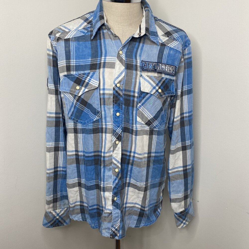 Affliction Shirt Mens XL Blue Black Plaid Snap Long Sleeve Y2K Slim Fit Cintre